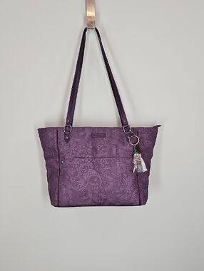 Sakroots Metro Tote Purple Floral Owl Charm Shoulder Bag | Boho Botanical Vegan